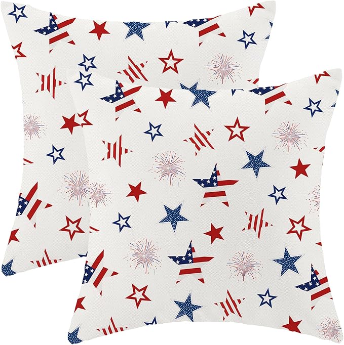 4th of July Pillow Covers 20 x 20 Inch, White Red Blue Patriotic Stripe Star Decor Throw Pillows for Couch Bed, American Flag Independence Day Decorative Pillowcase Linen Cushion Cover Set of 2