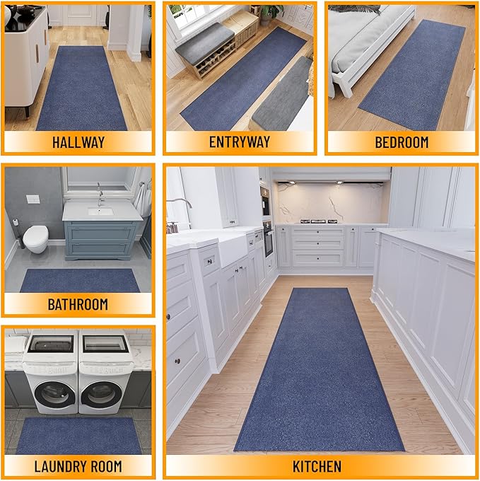 Ottomanson 2'7" x 28' Ultra-Thin Hallway Runner Rug - Durable Non-Slip Carpet for High-Traffic Areas - Fits Under Doors for Seamless Entry - Ideal for Kitchen, Entryway, Bedroom & Living Room, Navy