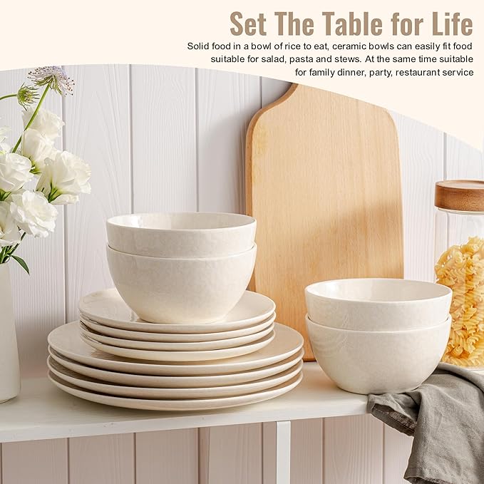 Plates and Bowls Sets,12 Pieces Beige Dinnerware Sets for Kitchen, Reactive Glaze Dishes Set for 4, Dishwasher and Microwave Safe, Series Starflecked Shore (Beige)