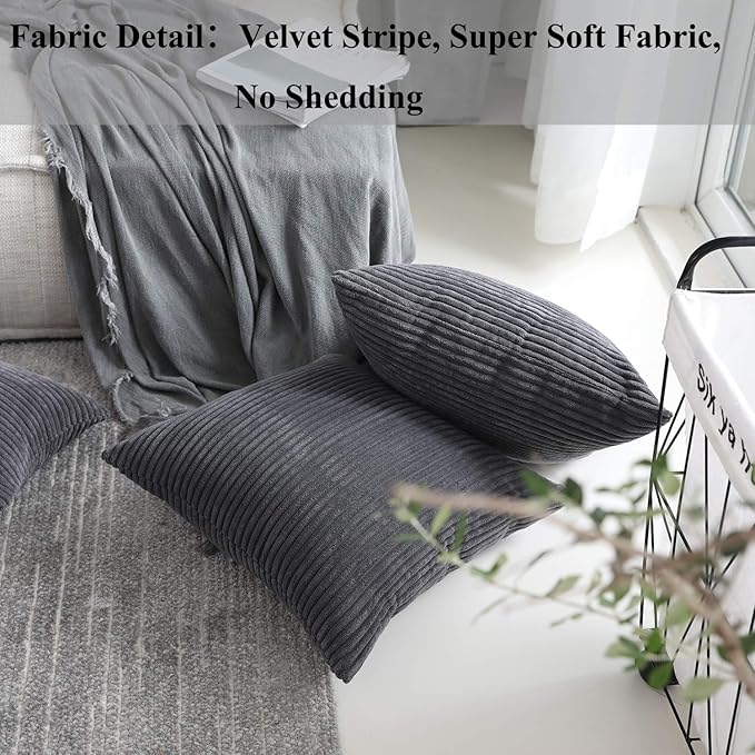 Home Brilliant Set of 2 Soft Striped Velvet Decorative Pillows Covers 16x16 inch, Cushion Covers for Couch 40x40cm, 16 x 16 Inch, Dark Grey