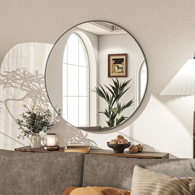 Round Mirror Wall Mounted Mirror - 28" Circle Mirror Bathroom Vanity Mirror with Aluminum Frame for Bedroom Living Room, Entryway Decor Black Mirror