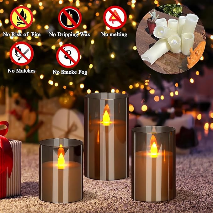 Flameless Candles 4" 5" 6" Acrylic Glass Pillars 3" Diameter Battery Operated Flickering Candles Include Remote with 24Hour Timer Function 400+ Hours by 2 AA Batteries (Gray, Warm Light 12 Pack)