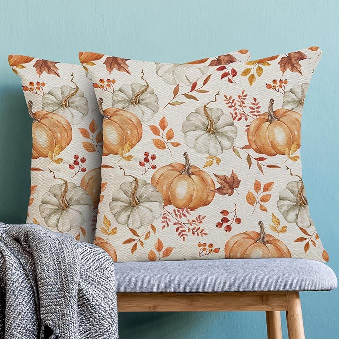 Fall Pillow Covers 16 x 16 Inch, Watercolor Burnt Orange Grey Pumpkin Leaf Autumn Decor Throw Pillows for Home Couch Bed, Harvest Thanksgiving Decorative Pillowcase Linen Cushion Cover Set of 2