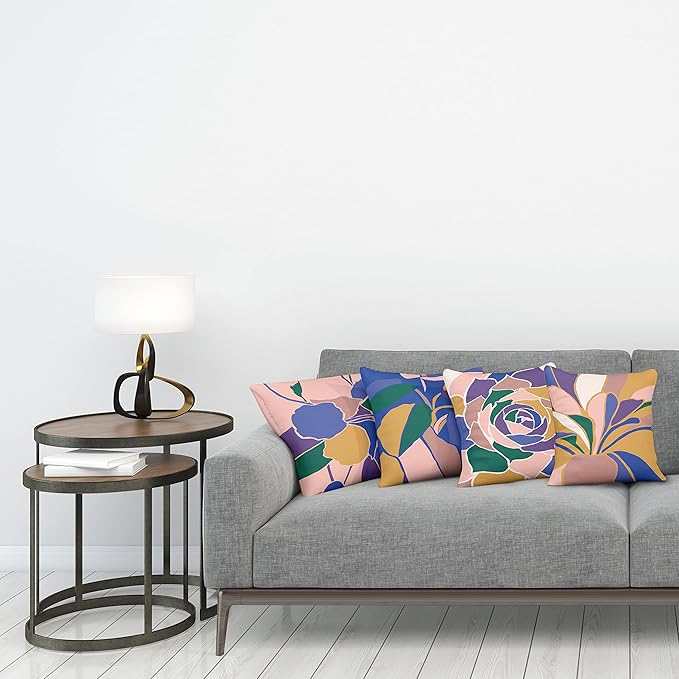 Ambesonne Floral Throw Pillow Cushion Case Pack of 4, Abstract Flowers and Petals with Exotic Vibes Colorful Modern Style, Modern Accent Double-Sided Digital Printing, 20", Rose Dark Violet Mustard
