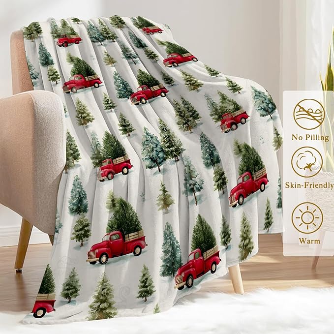 Christmas Decorative Blanket, Vintage Red Truck and Tree Print Throw Decoration, Soft Flannel Winter Blankets for Couch Bed Sofa, Holiday Home Decor, Xmas Festival Gifts White 60x80 Inch