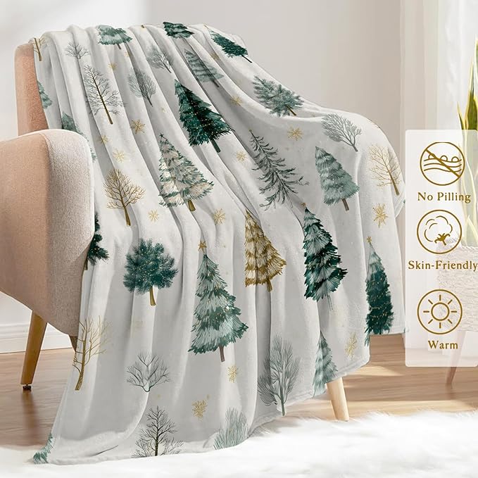 Christmas Decorative Blanket, Elegant Tree and Snowflake Print Throw Decoration, Soft Flannel Winter Blankets for Couch Bed Sofa, Holiday Home Decor, Xmas Festival Gifts White 40x50 Inch