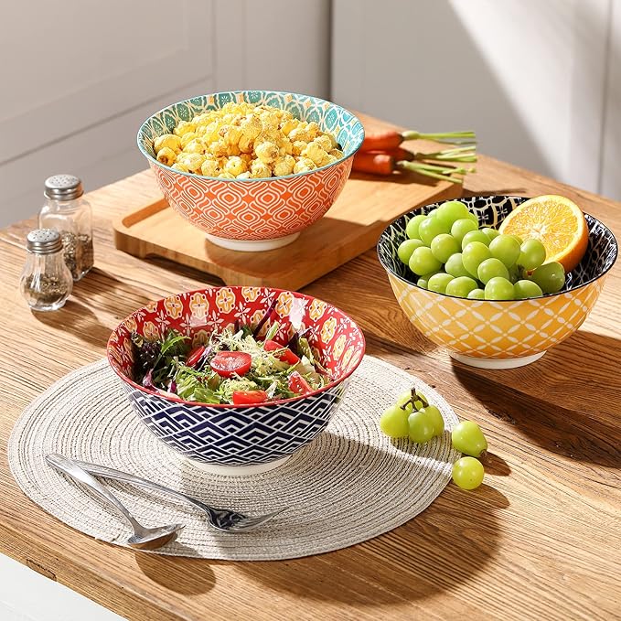 Large Salad Bowls, 48 Oz Serving Bowls for Soup, Pho, Pasta Rarmen, Stackable Ceramic Bowls for Kitchen, Set of 3, Microwave & Dishwasher Safe