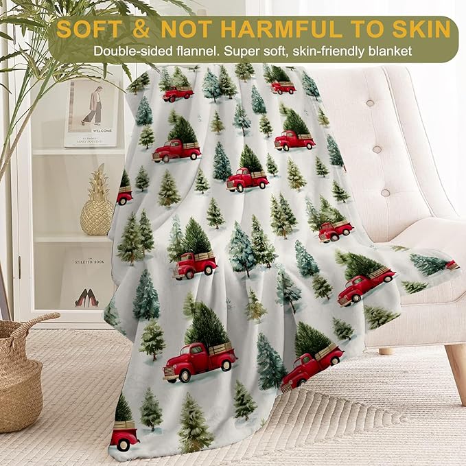 Christmas Decorative Blanket, Vintage Red Truck and Tree Print Throw Decoration, Soft Flannel Winter Blankets for Couch Bed Sofa, Holiday Home Decor, Xmas Festival Gifts White 60x80 Inch
