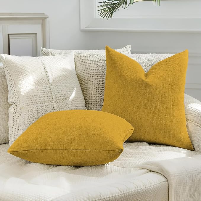 HAUSSY Mustard Yellow Throw Pillow Covers 20x20 Inch Set of 2,Boho Decorative Faux Linen Throw Pillows Cozy Farmhouse Accent Cushion Covers,Home Decor for Couch Sofa Bed Living Room