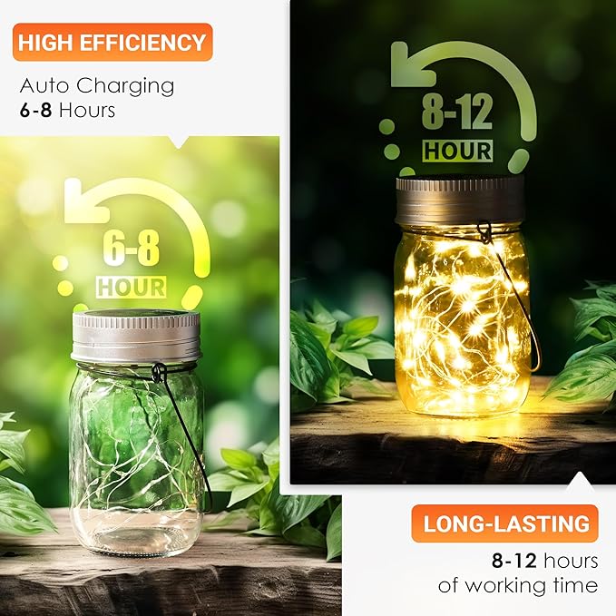 GIGALUMI Solar Mason Jar Lights, 12 Pack 30 Led String Fairy Lights Garden Lights Outdoor Waterproof Hanging Solar Lanterns for Outdoor, Garden, Patio, Lawn, Balcony Decoration