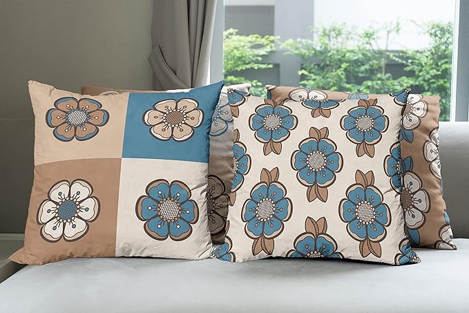 Ambesonne Retro Throw Pillow Cushion Case Pack of 4, Nostalgic Flower Petals Spring Vibes on Earthy Colors Mosaic Tile Themed, Modern Accent Double-Sided Digital Printing, 20", Sea Blue Umber and Tan