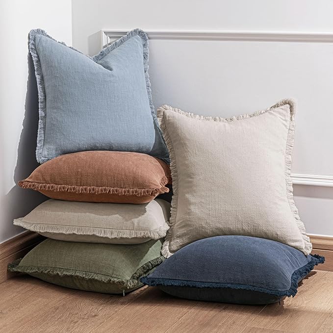 Woaboy Decorative Linen Fringe Throw Pillow Covers Boho Farmhouse Soft Cushion Covers Accent Pillowcases with Tassels for Living Room Couch Sofa Bed Chair,18x18 Inch Set of 2,Blue