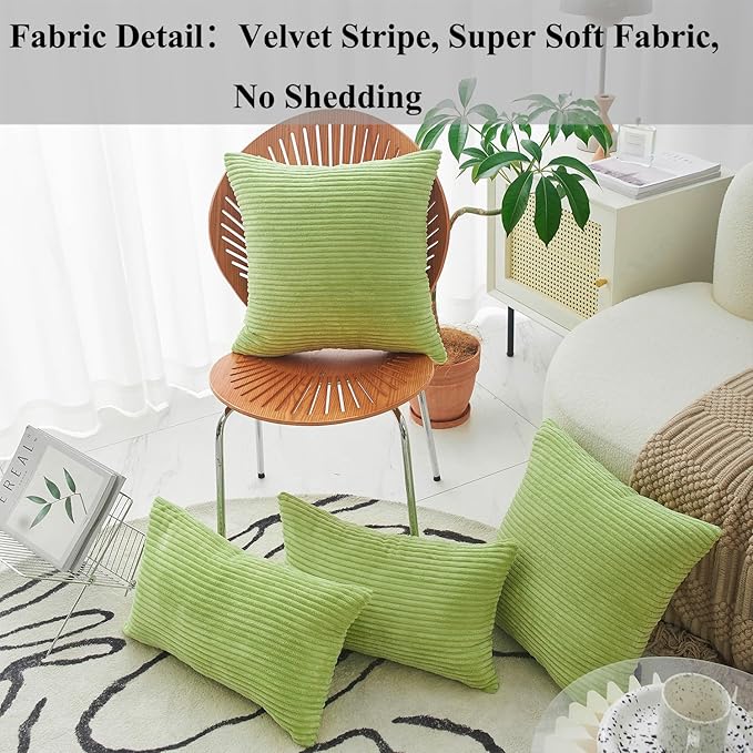 Home Brilliant Throw Pillow Covers 18x18 Set of 2 Super Soft Corduroy Striped Spring Pillow Covers Decor Cushion Covers for Couch Bedroom Decor, 18 x 18 inch, Apple Green