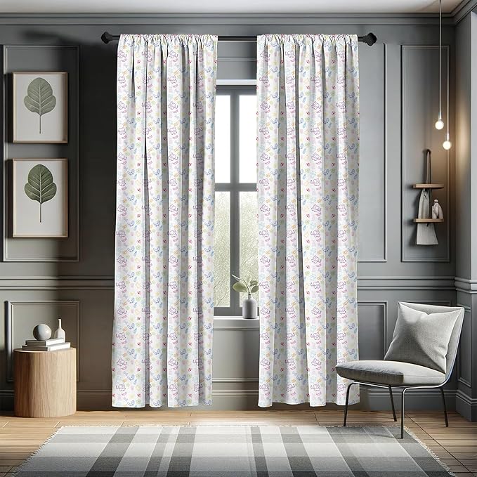 Ambesonne Cartoon Curtains, Drawing Style Elephants Teddy Bears Flowers Butterflies Bees Pattern, Window Treatments 2 Panel Set for Living Room Bedroom, Pair of - 28" x 84", Blue White