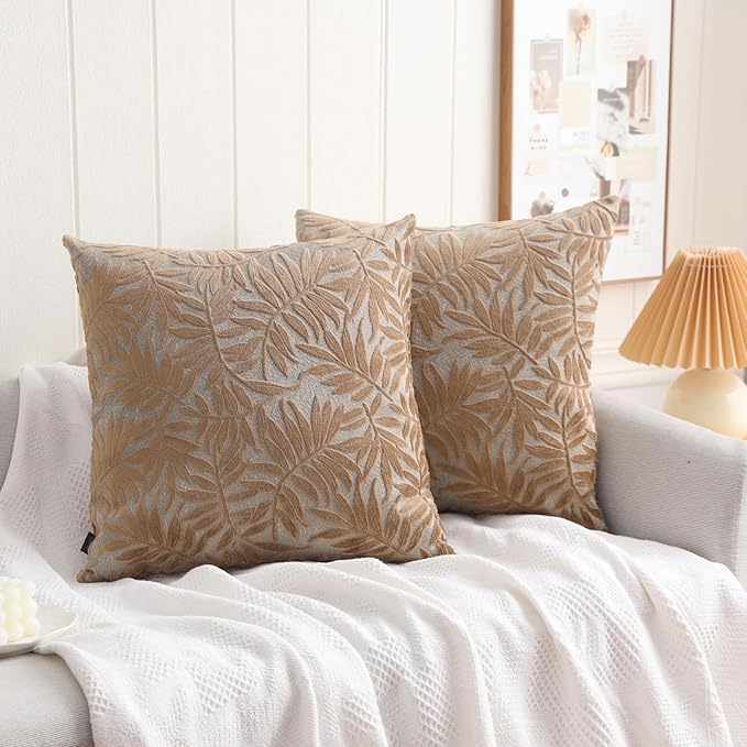 HPUK Leaf Cut Velvet Throw Pillow Covers Pack of 2, 18x18 Inch Accent Cushion Covers for Living Room, Bedroom, Decorative Pillow Covers for Couch, Sofa, Chair, Brown