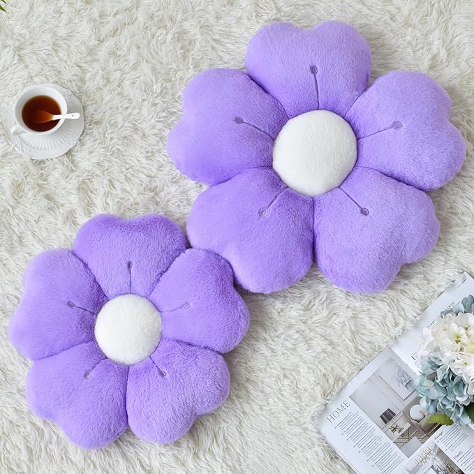 Flower Pillow, Flower Shaped Pillow Decorative Throw Pillows for Bed Couch, Cute Daisy Pillow Dorm Decor Floor Seating Cushion (Dark Purple, 15 Inches)