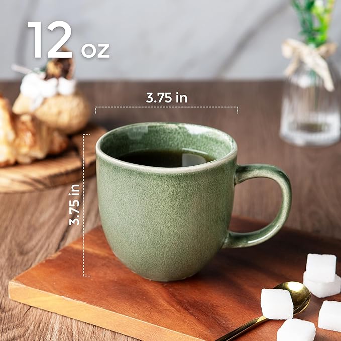 AmorArc 12oz Coffee Mugs, Ceramic Coffee Mugs set of 6 for Man, Woman, Dad, Mom, Modern Coffee Mugs with handle for Latte/Cappuccino/Milk/Cocoa. Dishwasher&Microwave Safe, Jade Green