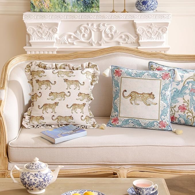 patdrea Designer Throw Pillow Covers for Couch 18"x18",Vintage Linen Pillows Cover with Cheetah Pattern and Luxury Pendant,Farmhouse Decorative Pillowcases for Bed Living Room Outdoor Set of 2