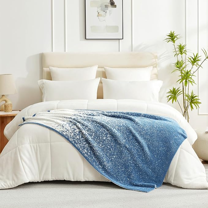 Snuggle Sac Blue Blanket Twin Size for Bed and Sofa, Reversible Super Soft Blankets Warm Cozy Knit Blankets Fuzzy Plush Lightweight for Couch, Picnic, Ombre Blue, 60x80 inches