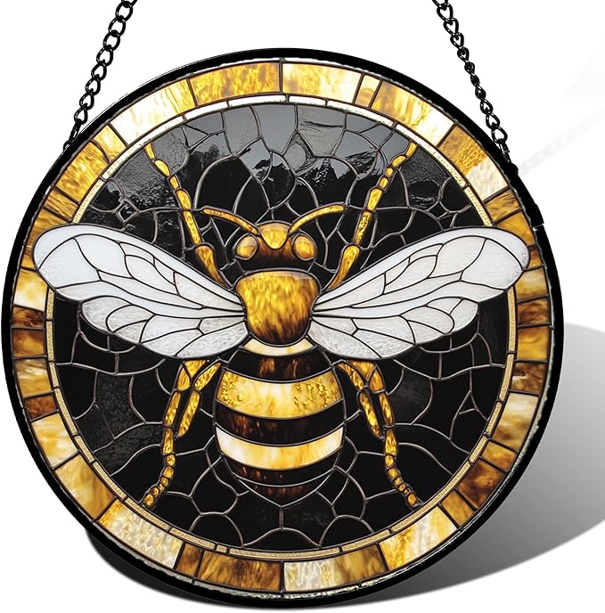Stained Glass Window Hanging - Black Gold Bee White Wings Sun Catcher for Door Home Decor Insect Suncatcher Christmas Mother's Day Birthday Gifts for Women Men Lovers Mom Nana 9.8 in