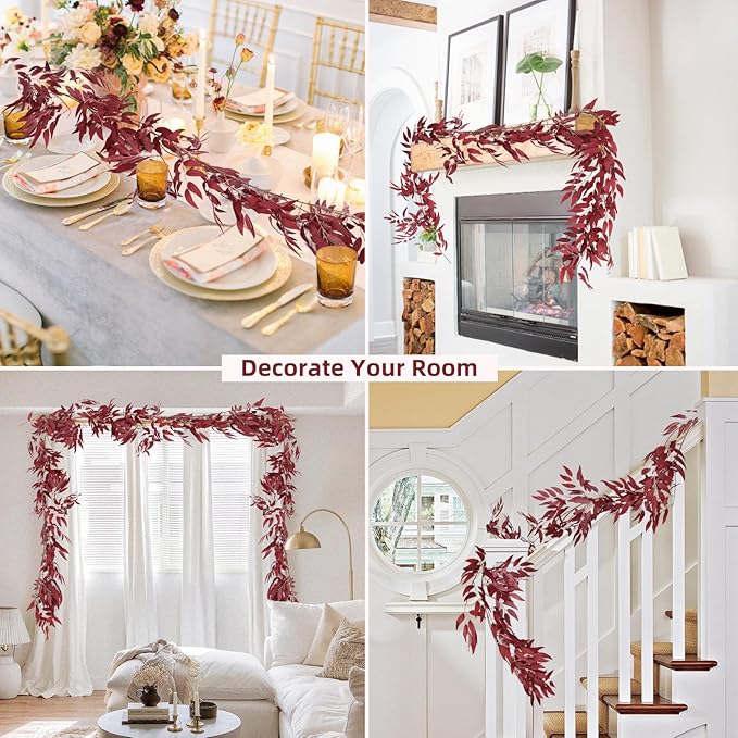 RECUTMS Artificial Hanging Willow Leaves Vine Twigs 2Pcs 5.7Ft Fake Silk Burgundy Leaf Ivy Fall Garland Faux Greenery Indoor Outdoor Valentines Day Wedding Birthday Christmas Thanksgiving Party Decor