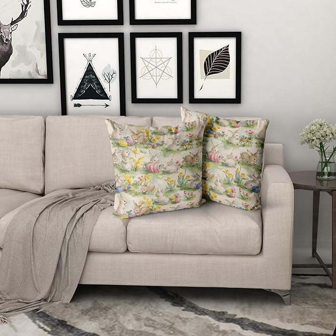 Giwawa Easter Throw Pillow Covers Set of 2 Vintage Bunny Egg Hunt Pillowcases 18x18inch Farmhouse Spring Rabbit Floral Double Sided Cotton Cushion Covers for Sofa Couch Chair Patio Bedroom Decor