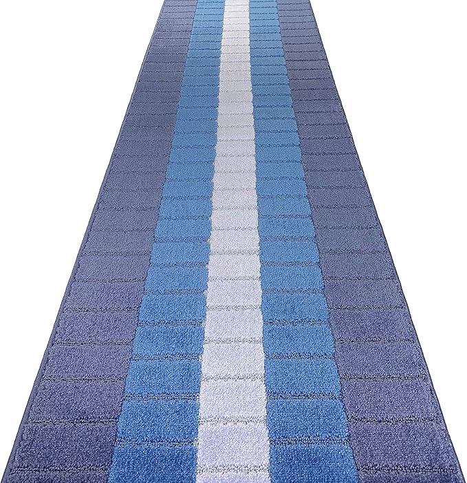 Custom Size Coastal Nautical Style Runner Rug Carpet for Hallway Entryway, Slip Resistant Latex Rubber Backed, 31 inch Wide X Customized Length, Squares Blue, 31 inch X 18 feet