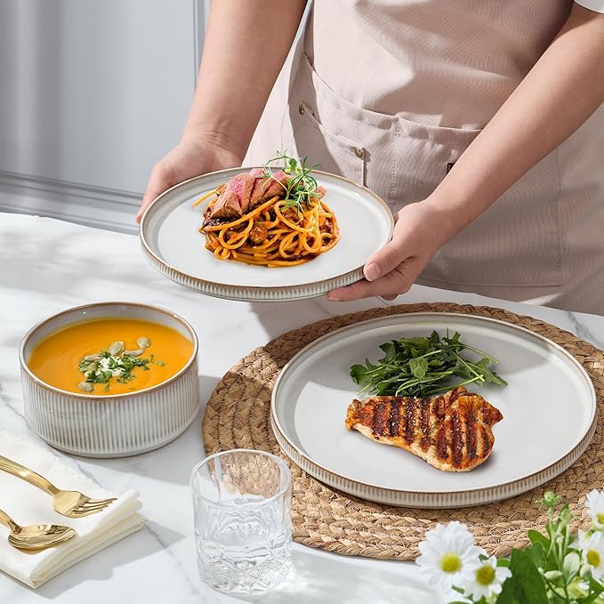 E-far 16 Piece Dinnerware Sets, Plates and Bowls with Pasta Bowls Service for 4, Modern Stoneware Ribbed Dishes for Kitchen Dining, Microwave & Dishwasher Safe, Creamy Beige
