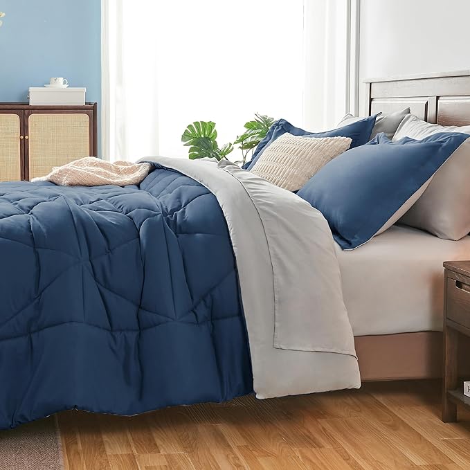 BEDELITE California King Size Comforter Set 7 Pieces Bed in A Bag - Soft Microfiber Reversible Cal King Calm Blue Bed Set with Comforters, Sheets, Pillowcases & Shams, Cozy Bedding Sets for All Season