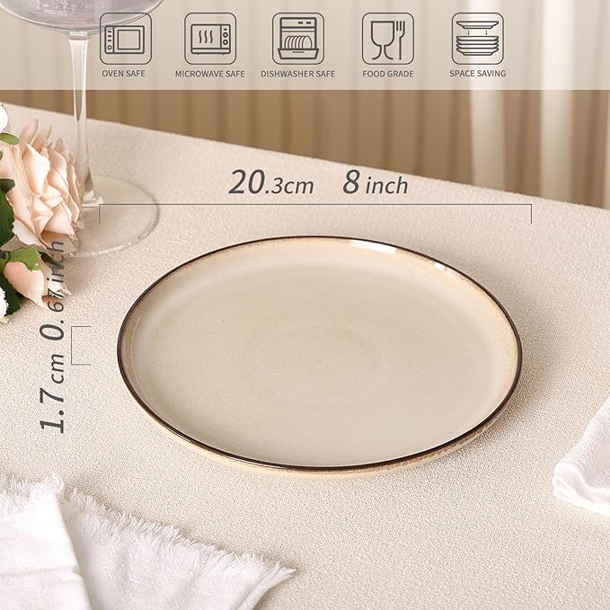 Ceramic Salad Dessert Plates Set: 8 inch Porcelain Reactive Glaze Plates Set, Mordern Stoneware Kitchen Dinnerware Dishes Set, Microwave & Dishwasher Safe, Scratch Resistant, Set of 4 (Beige)