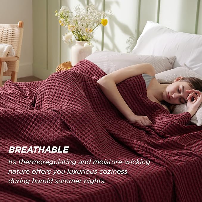 Bedsure Cooling Cotton Waffle Twin XL Blanket - Lightweight Breathable Blanket of Rayon Derived from Bamboo for Hot Sleepers, Luxury Throws for Bed, Couch and Sofa, Burgundy, 66x90 Inches