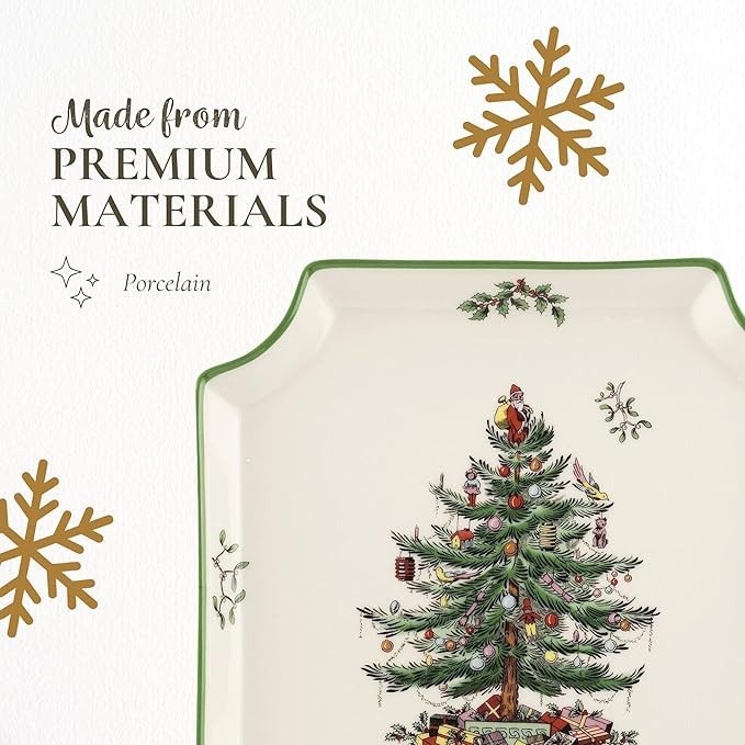 Spode Christmas Tree Canape Plate - 8" Holiday Serving Dish for Appetizers, Desserts, Treats - Fine Porcelain with Red Border, Dishwasher Safe - Ideal Christmas Tableware