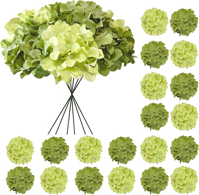 Hydrangea Artificial Flowers, 20 Pcs Green Hydrangea Artificial Flowers Bulk, Faux Hydrangea Flowers for Outdoor, Fake Silk Hydrangea Flowers with Stems for Wedding Decoration Decor