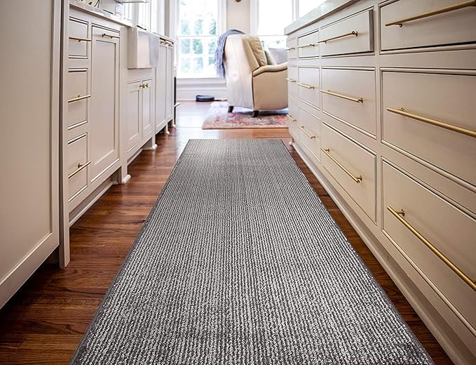 Custom Length Cut to Size Wide Width Carpet Runner Rug for Hallways, Skid Resistant Latex Rubber Backed, 31 inch Wide X Customized Length, Stripe Grey, 31 inch X 4 feet, Doormat Size