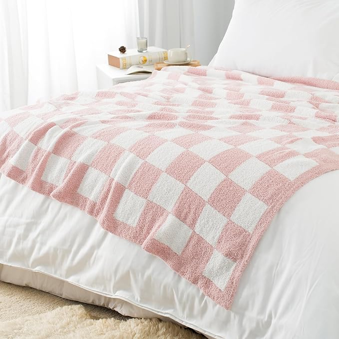 Carriediosa Checkered Throw Blanket 90" X 90" Queen, 400GSM Ultra Soft Microfiber Fuzzy Fluffy Reversible Cute Preppy Knitted Blankets Cozy Plush Fall Throws for Couch, Bed, Sofa, Dusty Pink