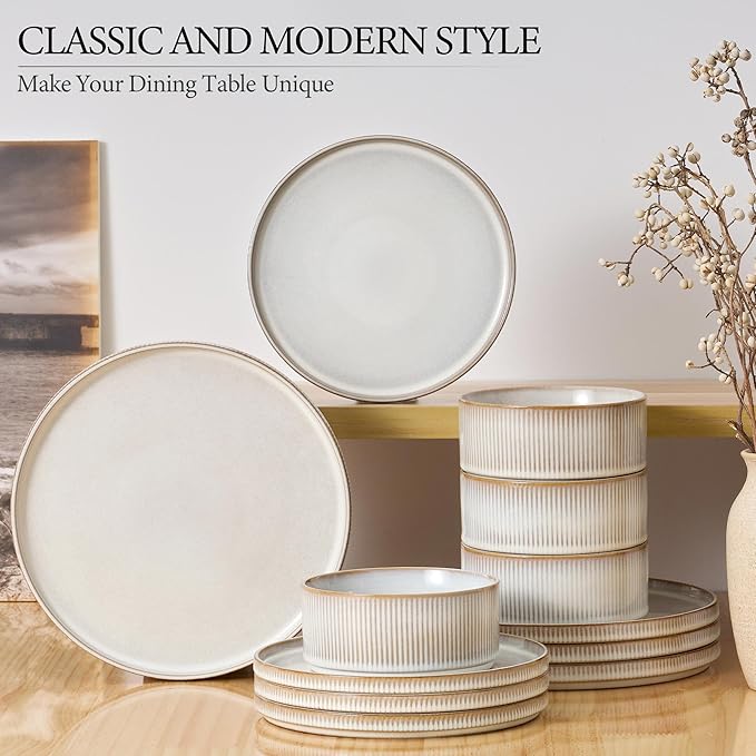 E-far 16 Piece Dinnerware Sets, Plates and Bowls with Pasta Bowls Service for 4, Modern Stoneware Ribbed Dishes for Kitchen Dining, Microwave & Dishwasher Safe, Creamy Beige