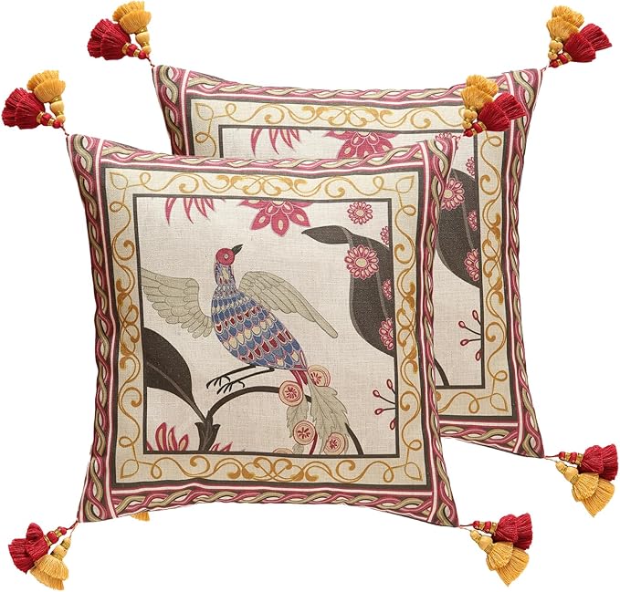 patdrea Designer Throw Pillow Cover 18"x18",Vintage Bird and Floral Pattern Linen Pillows Cover with Red and Yellow Pendant Charms,Square Decorative Pillowcases for Living Room Outdoor,Set of 2
