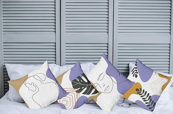 Ambesonne Minimal Throw Pillow Cushion Case Pack of 4, Modern Line Art Woman Portrait with Contemporary Leafy Geometric Details, Modern Accent Double-Sided Digital Printing, 18", Tan Amber Lavender