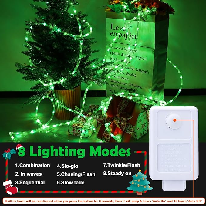 200ft LED Rope Lights Outdoor, 1440 LED Flexible Tube Lights with 8 Modes, Waterproof LED Rope Lighting for Outside, Garden, Patio, Bedroom, Party, Pool, Fences, Indoor Outdoor Decoration (Green)
