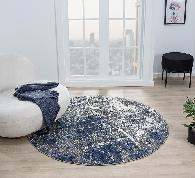 Keen Home Design Area Rugs - 10ft Round Non-Shedding, Abstract Rugs for Kitchen, Living Room, Bedroom, Dining Room, Entryway - Size: 10' Round, Navy/Grey/White