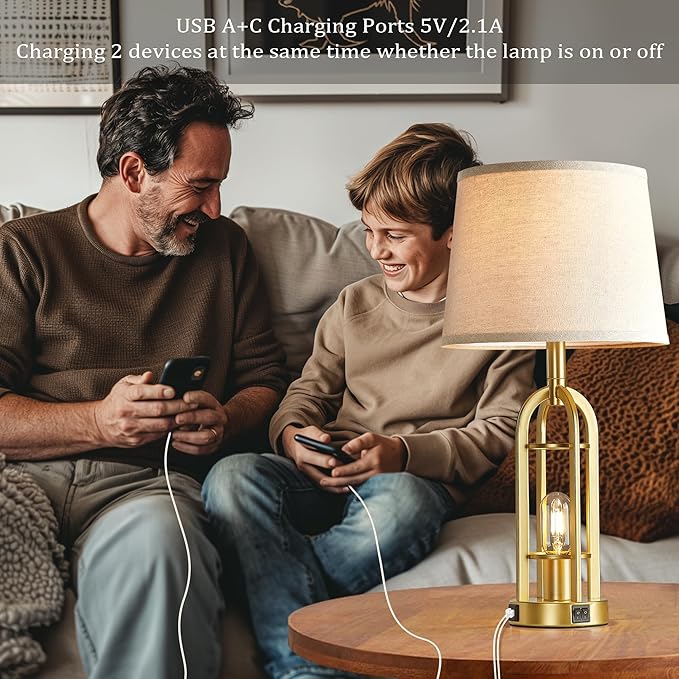 Gold Table Lamps for Living Room Set of 2 - Modern Farmhouse Bedside Lamps for Bedroom Night Stands with Nightlight and USB A+C, Industrial Lamp for Living Room End Tables