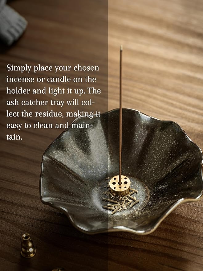 6 Inch Incense Holder with 3 Copper Incense Sockets Lotus Incense Holder for Sticks Modern Insence-Stick Holder for Meditation, Yoga, SPA, Home Decor, Black