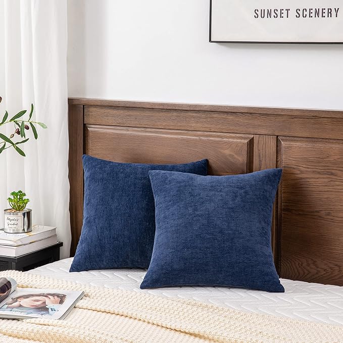 GAWAMAY Decorative Square Throw Pillow Covers 18"x18" Inch Set of 2, Super Soft Chenille Pillows Cover Fall Pillowcase for Living Room Bedroom Sofa Couch Cushion Cover Navy Blue 45x45cm (Only Covers)