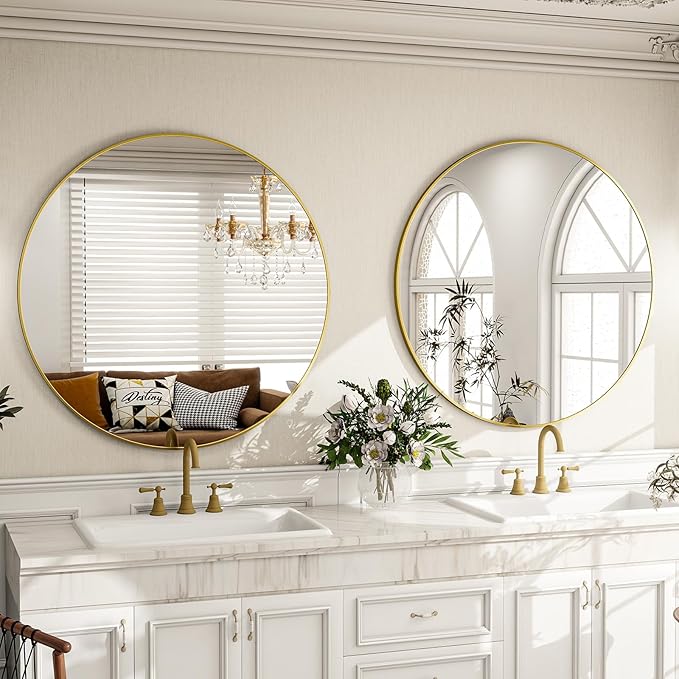Round Mirror Wall Mounted Mirror - 32" Circle Mirror Bathroom Vanity Mirror with Aluminum Frame for Bedroom Living Room, Entryway Decor Gold Mirror