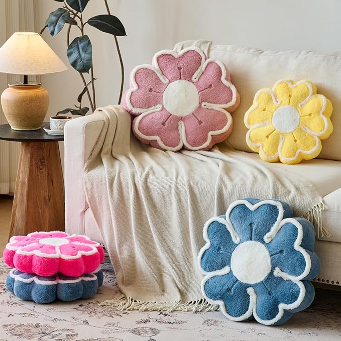 Flower Shaped Decorative Throw Pillow Cushion for Bed Couch, Cute Flower Plush Throw Pillows Home Decor Floor Pillow Seating Cushions (Yellow, 13.7 Inches)