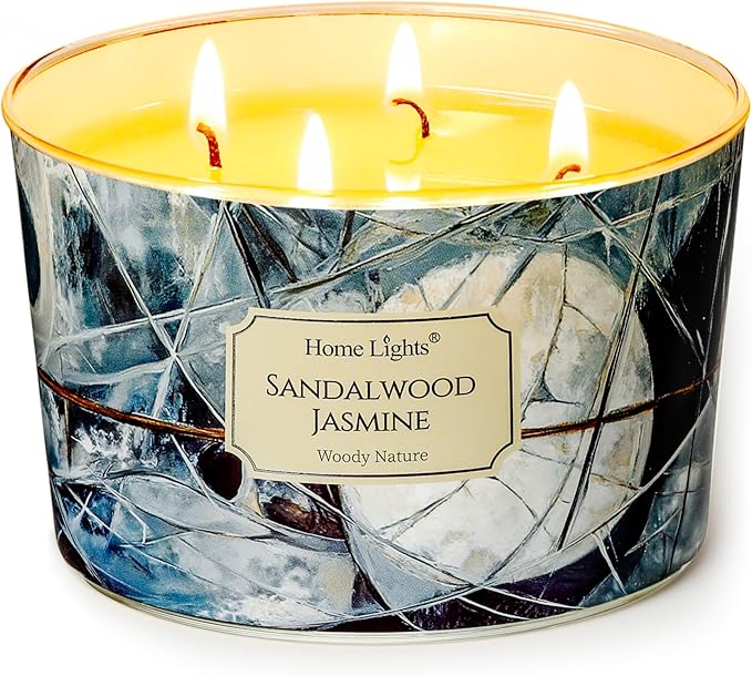 HomeLights Soy Wax Candles for Home Scented, 4-Wick Candles in Sandalwood Jasmine Scented, Industrial Chic Aromatherapy Candles Gift for Parties, Relaxing, 18oz