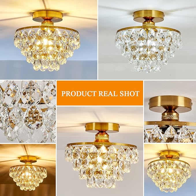 YYJLX Modern E26 Small Crystal Chandelier Semi Flush Mount Ceiling Light Fixture Gold Ceiling Lamp for Hallway Bedroom Bathroom Closet Bedroom Foyer
