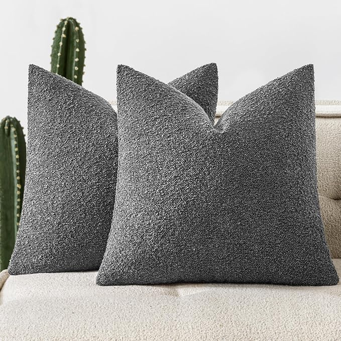 Woaboy Pack of 2 18x18 Inch Decorative Boucle Throw Pillow Covers Textured Square Pillowcaes Accent Solid Cozy Soft Cushion Covers Home Decor for Sofa Couch Living Room Home Decor,Dark Gray