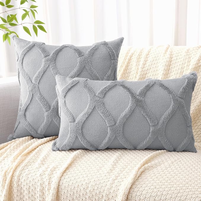 decorUhome Throw Pillow Covers 20x20 Inch Set of 2, Soft Plush Faux Fur Wool Grey Couch Pillow Covers, Decorative Neutral Pillow Cases for Bed Sofa Living Room Home Decor