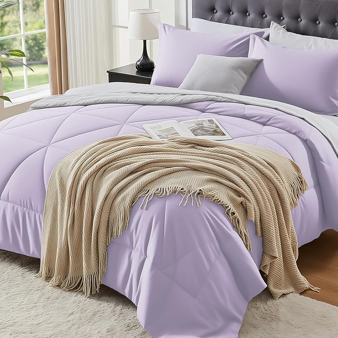 BEDELITE Twin XL Comforter Set 5 Pieces Bed in A Bag - Soft Microfiber Reversible Twin Extra Long Lavender Bed Set with Comforters, Sheets, Pillowcase & Sham, Cozy Bedding Sets for College Dorm Room